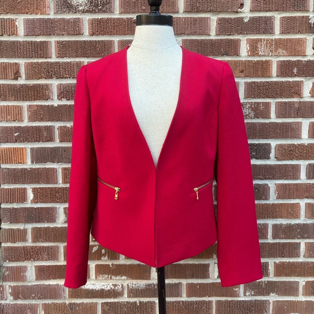 Tahari ASL Sz 6P Hook closure Zipped pockets Red Blazer Jacket Career Cocktail